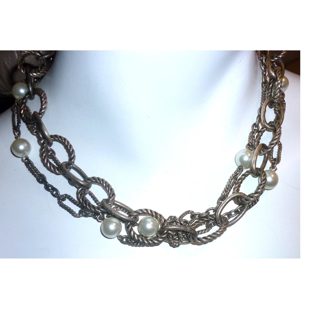 Silver Tone Multi Strand Chunky Faux‎ Pearl Toggle Necklace 18in